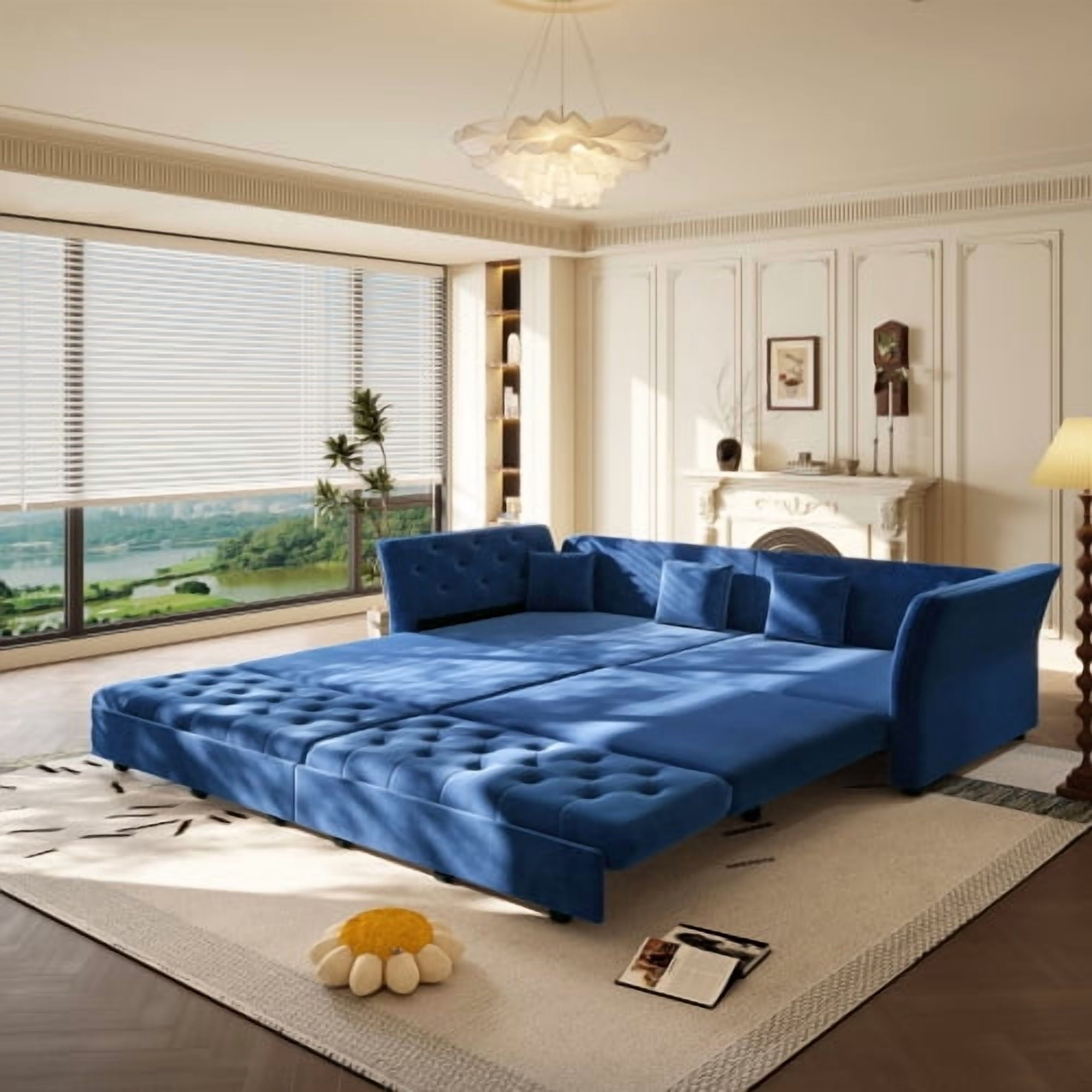 74.4" Queen Pull Out Sofa Bed, Convertible Sleeper Sofa with Handmade Fabric Flower Tufted Design, Multi-Functional Velvet Loveseat Bed for Living Room, Bedroom, Blue
