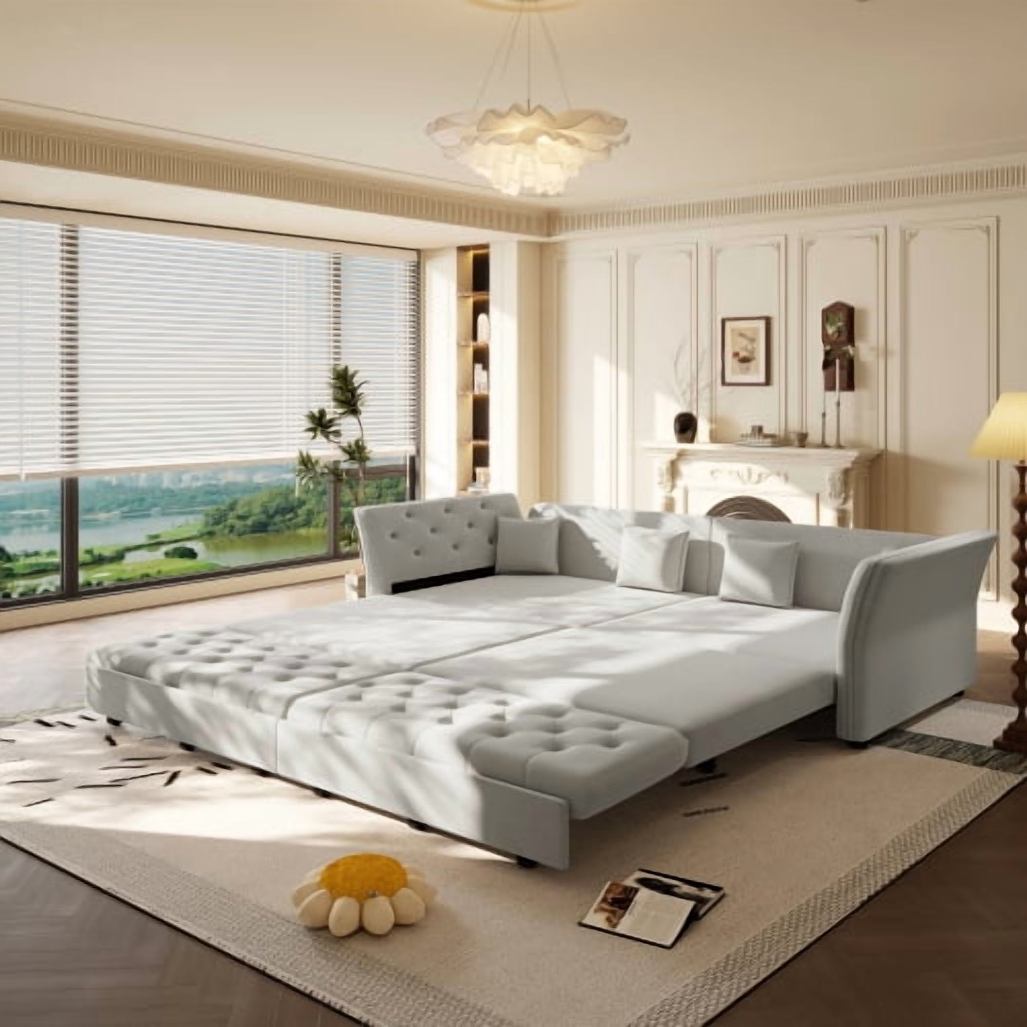 74.4" Queen Pull Out Sofa Bed, Convertible Sleeper Sofa with Handmade Fabric Flower Tufted Design, Multi-Functional Velvet Loveseat Bed for Living Room, Bedroom, Light Grey