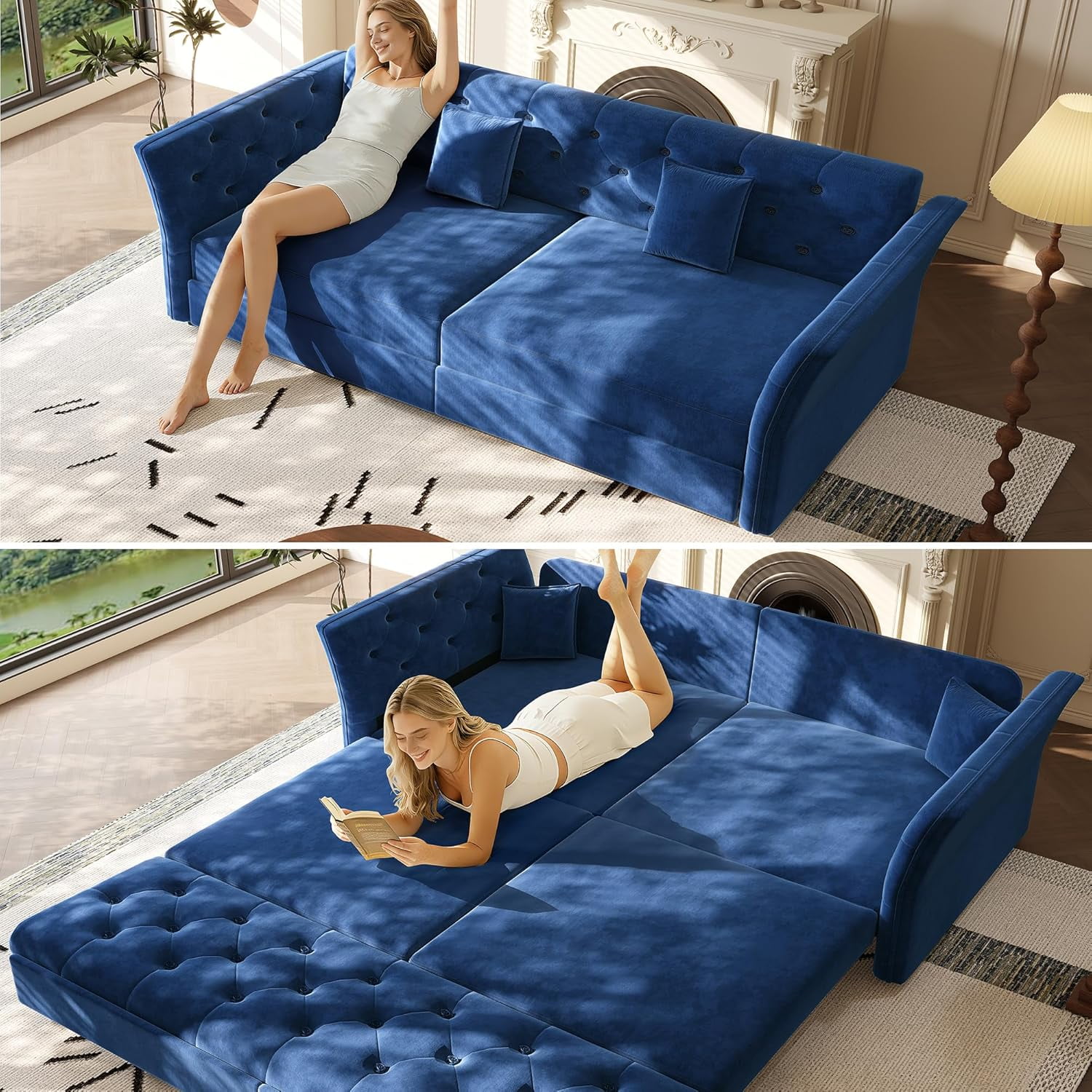 74.4'' Queen Size Sleeper Sofa, Velvet Pull Out Couch with Flower-Tuffed Back, Chesterfield Convertible Futon Sofa Bed, 2 Pillows, Deep Loveseat Couches for Living Room, Small Spaces, Blue
