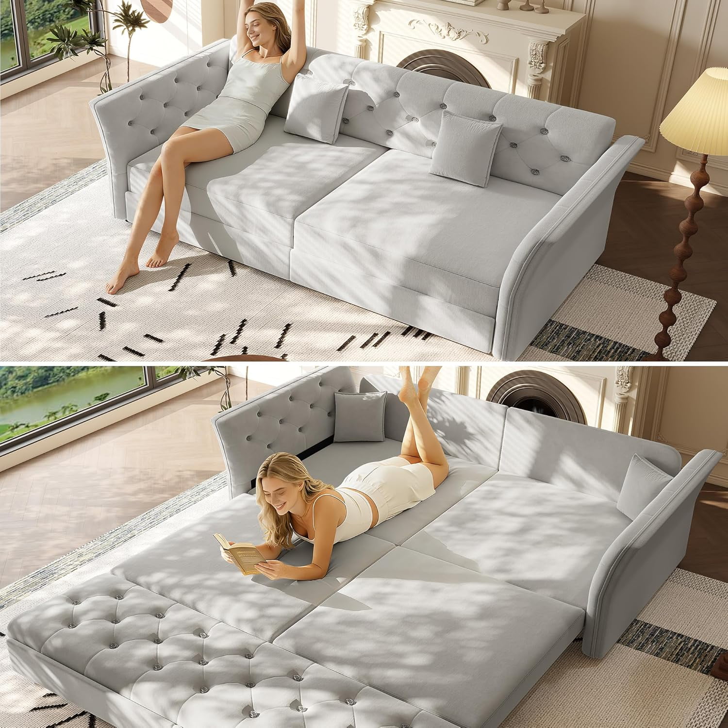 74.4'' Queen Size Sleeper Sofa, Velvet Pull Out Couch with Flower-Tuffed Back, Chesterfield Convertible Futon Sofa Bed, 2 Pillows, Deep Loveseat Couches for Living Room, Small Spaces, Grey