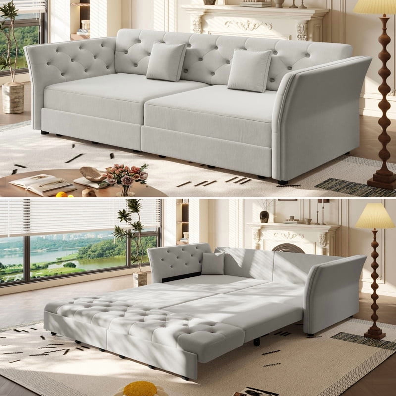 74.4"W Velvet Tufted 2-in-1 Pull Out Sofa Bed, Convertible Sleeper Sofa, Upholstered Large 3-Seater Loveseat Couch