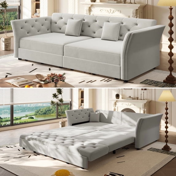 74.4"W Velvet Tufted 2-in-1 Pull Out Sofa Bed, Convertible Sleeper Sofa, Upholstered Large 3-Seater Loveseat Couch