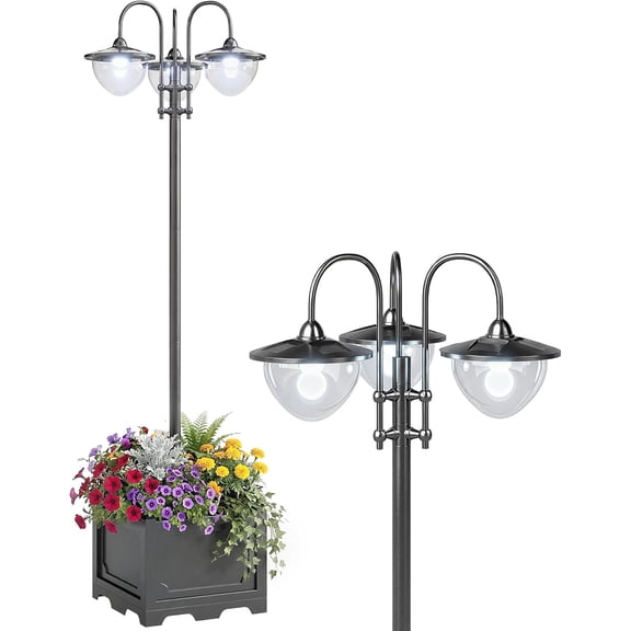 74.5" 3-Head Solar Lamp Post Light with Planter, Solar Pole Lights Outdoor Waterproof LED Lighting for Backyard Pathway Patio Lawn Driveway Decor, Black