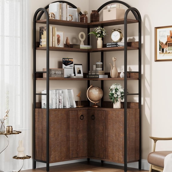 74.5" Corner Bookshelf with Storage Cabinet, 6-Tier Arched L-Shaped Bookcase & Metal Frame Large Industrial Shelf for Living Room or Bedroom