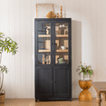 thumbnail image 1 of 74.5''H Ash Wood Grain Display Cabinet, Bookcase with Glass Doors & Adjustable Shelves, Mid-Century Modern Bookshelf, Curio Cabinet for Hallways, Livingroom Kitchen & Office - Black, 1 of 3