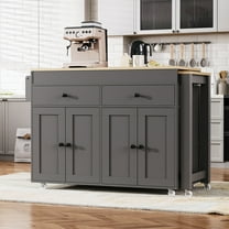 74.5 Inch Kitchen Island with Extendable Dining Table, Rolling Kitchen Cart with 2 Drawers & 4 Door Cabinets, Grey Farmhouse Kitchen Island with Spice Rack & Locking Wheels