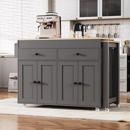 74.5 Inch Kitchen Island with Extendable Dining Table, Rolling Kitchen Cart with 2 Drawers & 4 Door Cabinets, Grey Farmhouse Kitchen Island with Spice Rack & Locking Wheels