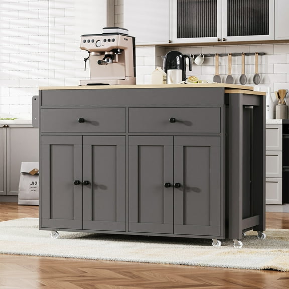 74.5 Inch Kitchen Island with Extendable Dining Table, Rolling Kitchen Cart with 2 Drawers & 4 Door Cabinets, Grey Farmhouse Kitchen Island with Spice Rack & Locking Wheels
