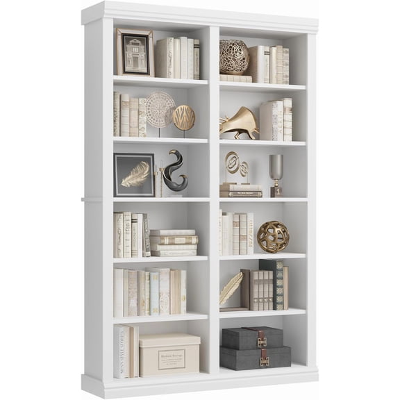 74.5" Tall Bookshelf with Double Storage, Extra Large Bookshelf, 6 Tier Double Wide Bookshelves w/ 12 Cubbies, Wide Freestanding Bookcases for Livingroom Office Library (White)