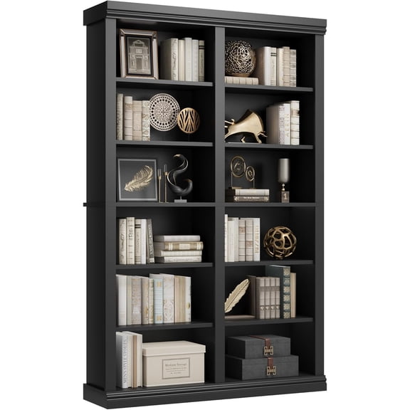 Memoryfield 74.5" Tall Bookshelf, Extra Large Bookshelf, 6-Tier Double Wide Bookshelves w/ 12 Cubbies, Wide Freestanding Bookcases for Living Room Office Library, Black