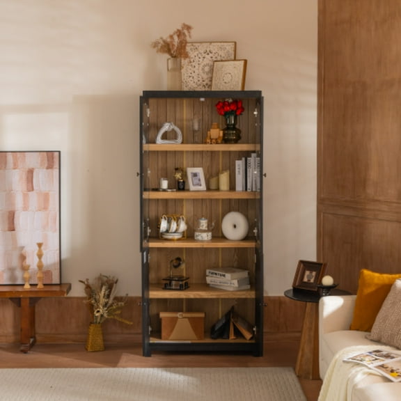 74.5'' Tall Display With Glass Doors Modern Style China Cabinet Curio Cabinet Collectibles Figures Trophies For Hallways Living Room Kitchen Home Studio Or Workspace Black