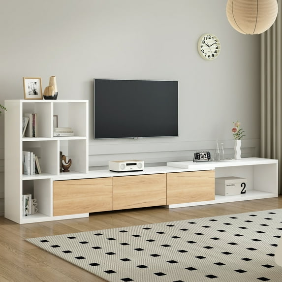 74.8''-126'' Extendable TV Stand with 3 Tier Bookshelves, Modern Adjustable Entertainment Center for Up to 110'' TV, Sliding Tabletop TV Media Console with Storage Cabinets for Living Room, White