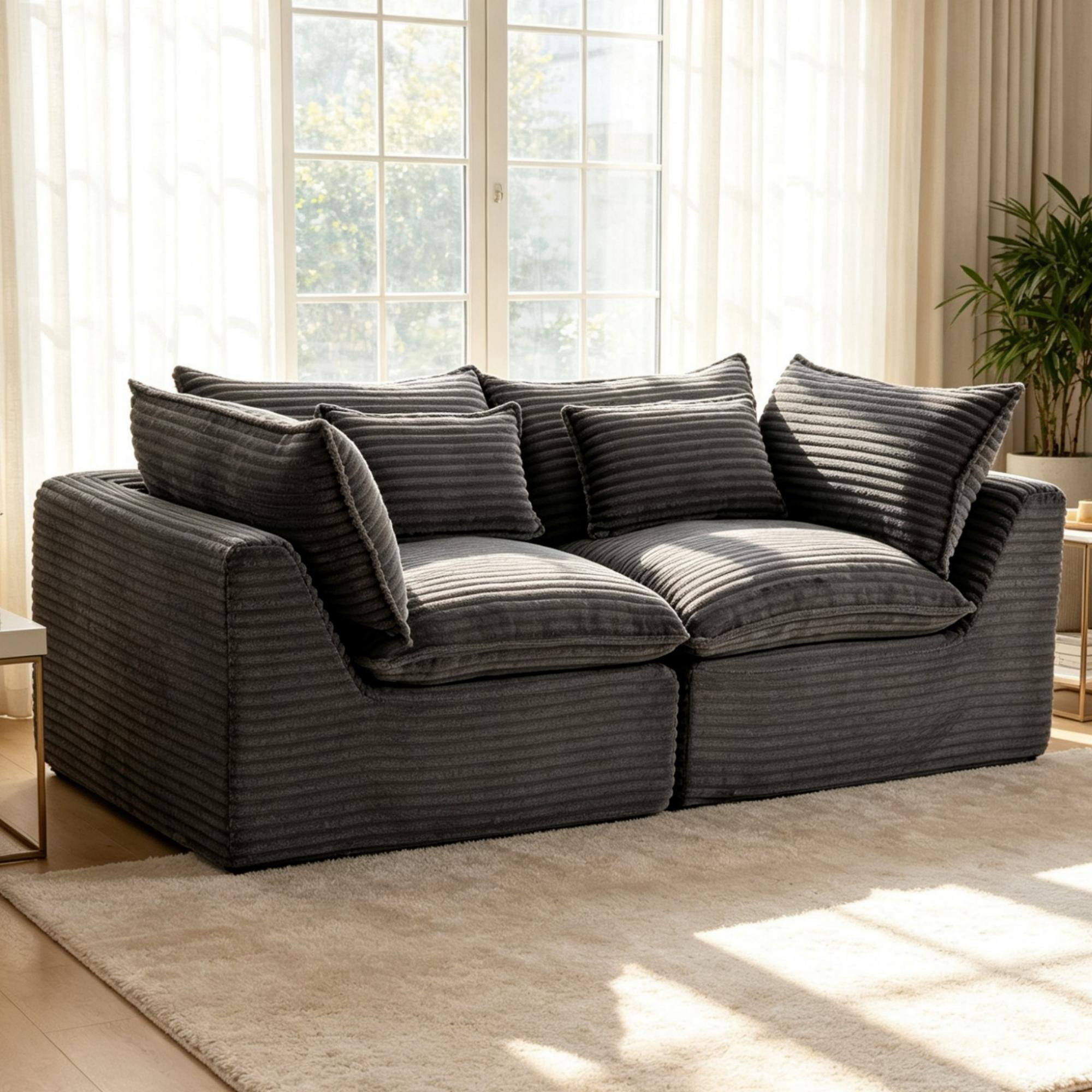 74.8" 2-Seat Cloud Couch Oversized Modular Sectional Sofa,Comfy Deep Seat Corduroy Sofa for Living Room,Grey