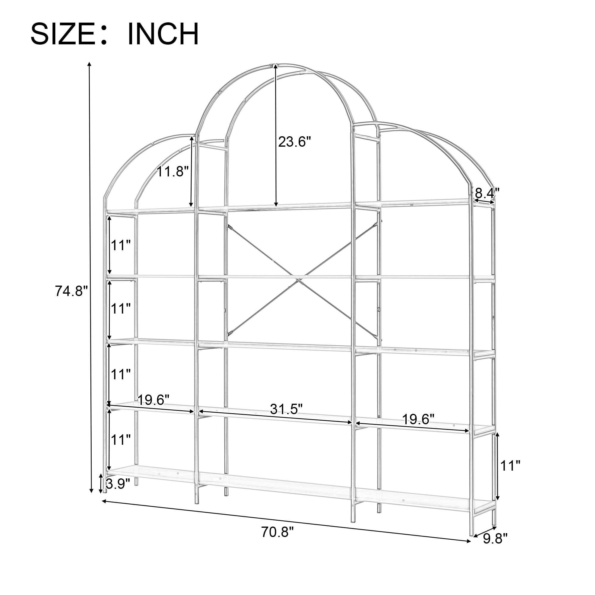 74.8 5-Tier Gold Frame Office Bookcase Bookshelf with Round Top Display ...