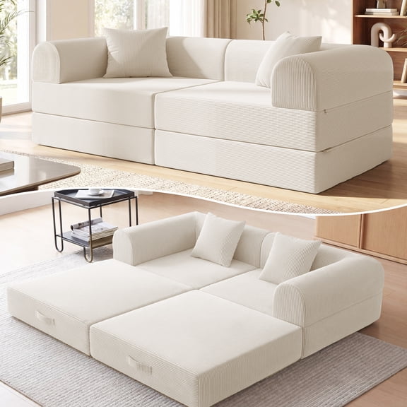 74.8’’ Boneless Modular Convertible Sofa Bed, Fold-Out Floor Couch Loveseat, All-Foam Futon Mattress Couch，No Assembly Required, Beige