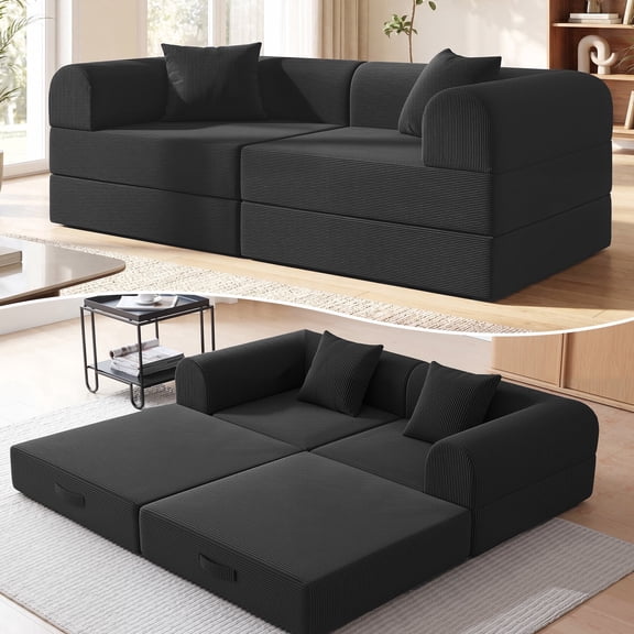 74.8’’ Boneless Modular Convertible Sofa Bed, Fold-Out Floor Couch Loveseat, All-Foam Futon Mattress Couch,No Assembly Required, Black