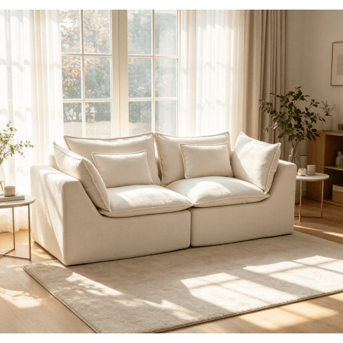 74.8" Cloud Loveseat Sofa for Small Space, Waffle Knit Boneless Couch, Deep Seat Oversized 2-Seater, Modular Foam Apartment Furniture,Ancient White