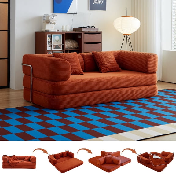 74.8" Compressed Floor Sofa Couch, Convertible Floor Sofa Bed with Convertible Blanket Pillow, Comfy Couch Lounge Sleeper Bed, Enhanced Frame Stability for Living Room, Apartment, Rose Red