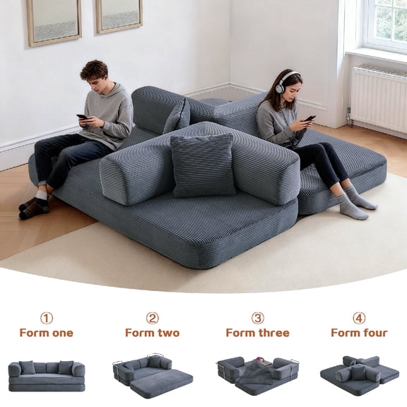 74.8" Compressed Floor Sofa Couch, Convertible Floor Sofa Bed with Convertible Blanket Pillow, Comfy Couch Lounge Sleeper Bed, Enhanced Frame Stability for Living Room, Apartment, Grey