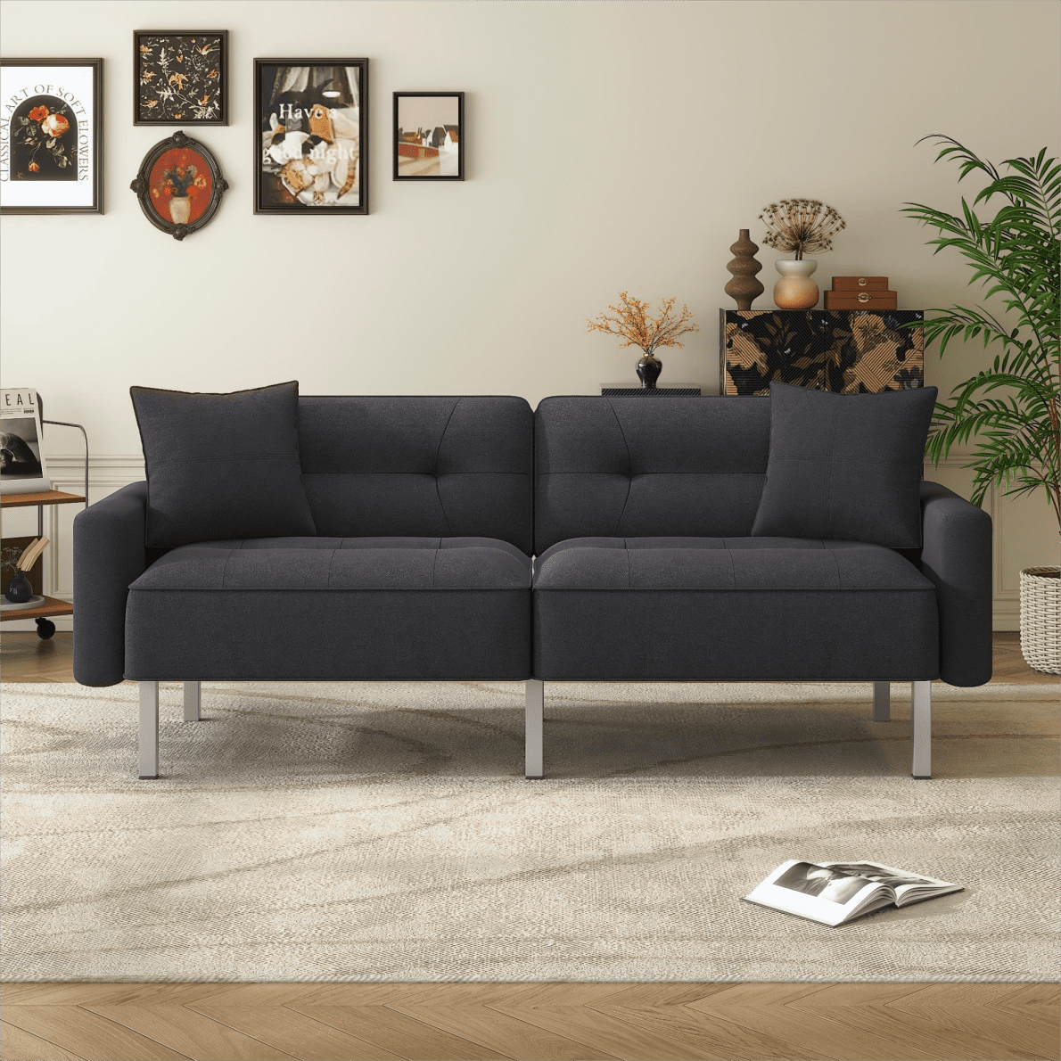 74.8" Convertible Folding Futon Sofa Bed with 2 Pillows, Modern Linen ...