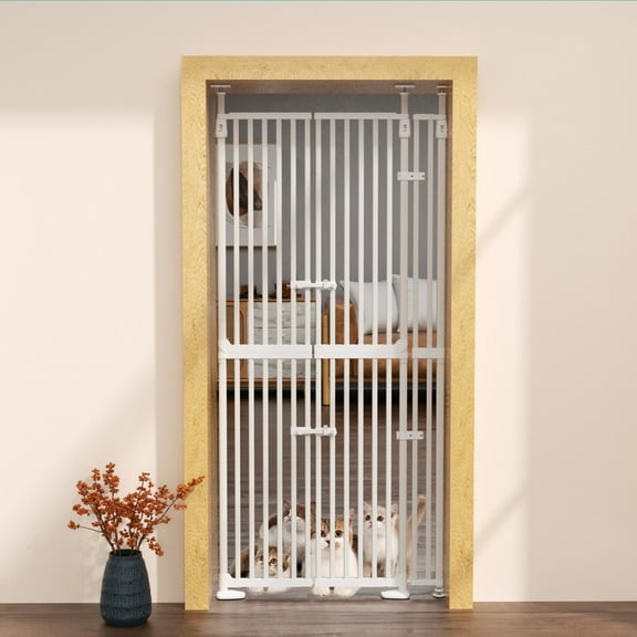 74.8" Extra Tall Pet Gate for Cats adjustable height  adjustable width 30.3-38.2 Pressure Mounted Easy Walk Through Pet Gate with Door for Stairs, Doorways, Kitchen(white)
