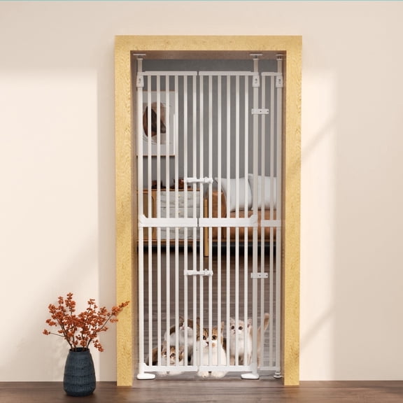 YUFU 74.8" Extra Tall Pet Gate for Cats, adjustable height adjustable width 30.3"-38.2" Pressure Mounted, No Drill, Walk-Through Door for Stairs/Doorways, (white)
