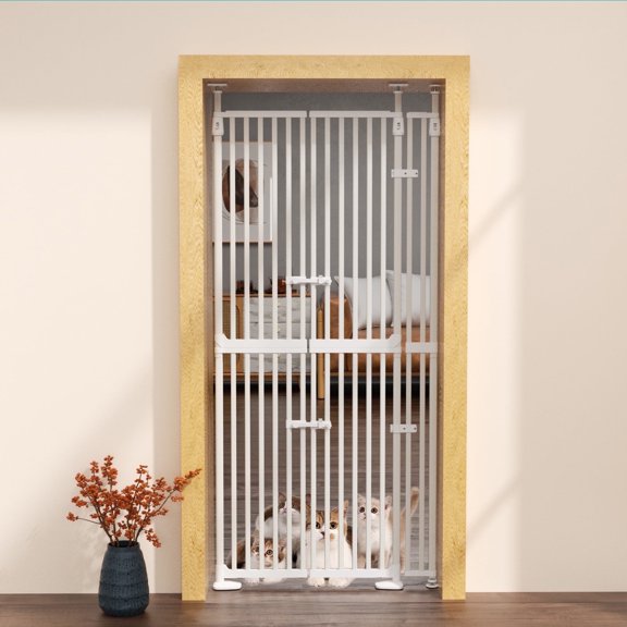 74.8" Extra Tall Pet Gate for Cats adjustable height adjustable width 30.3-38.2 Pressure Mounted Easy Walk Through Pet Gate with Door for Stairs, Doorways, Kitchen(white)