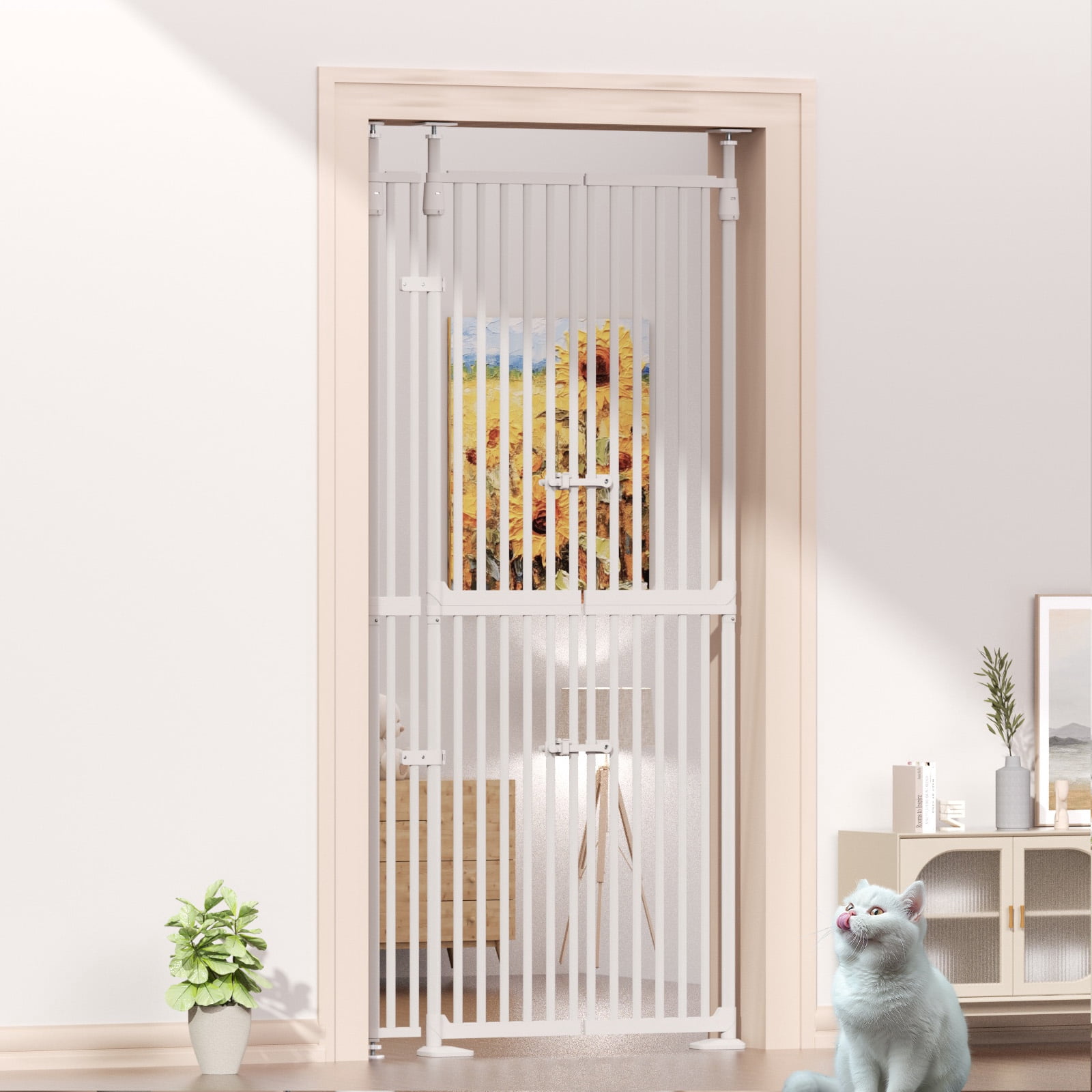 YUFU 74.8" Extra Tall Pet Gate for Cats, adjustable height adjustable width 30.3"-38.2" Pressure Mounted, No Drill, Walk-Through Door for Stairs/Doorways, (white)