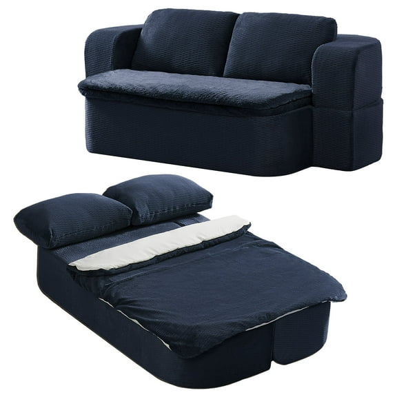 74.8" Folding Couch for Living Room 2-in-1 Convertible Sleeper Sofa Bed with Pillows and Blanket Modern 2 Seat Couch Compressed Sofa Small Loveseat for Apartment Studio Office, Dark Blue