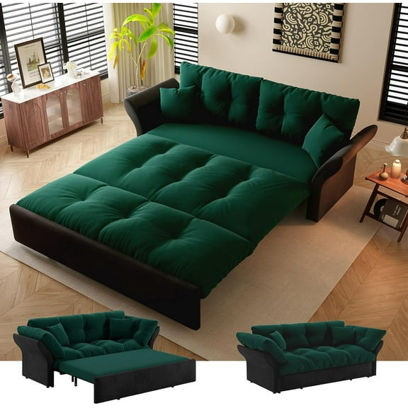 74.8" Futon Sofa Bed Queen Size, Pull Out Bed, 3-in-1 Convertible Sleeper Sofa with 2 Soft Pillows, Modern Velvet Futon Couch for Living Room, Small Space, Apartment, Bedroom, Green