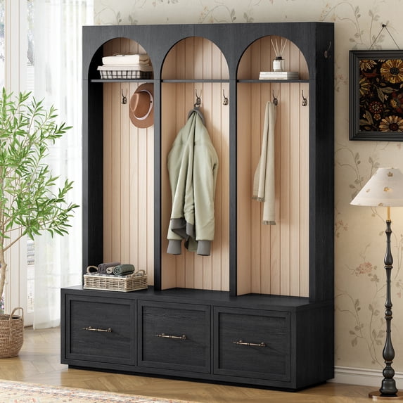 74.8"H Arched Design WoodenHall Tree, Elegant Entryway Bench with 8 Retro Hooks, Rustic Coat Rack & Shoe Organizer with 3 Drawers for Mudroom, Living Room, Black