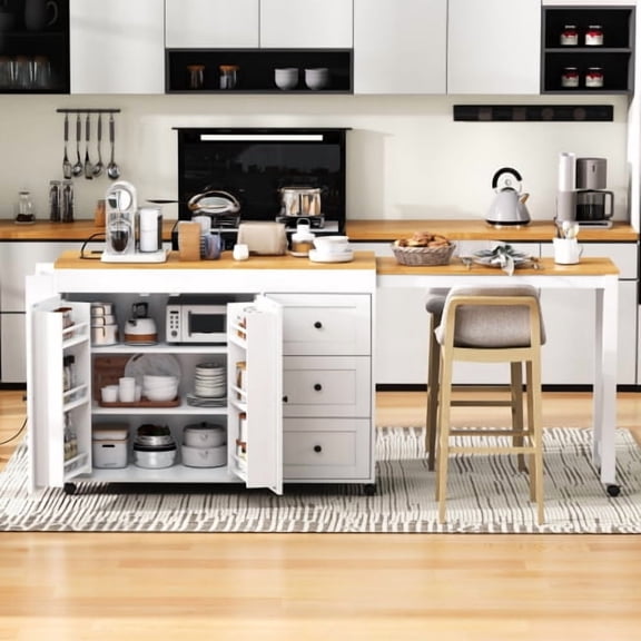 74.8 Inch Kitchen Island with Extendable Dining Table, Rolling Storage Cart with 3 Drawers and Power Outlet, Mobile Kitchen Island on Wheels for Kitchen, White