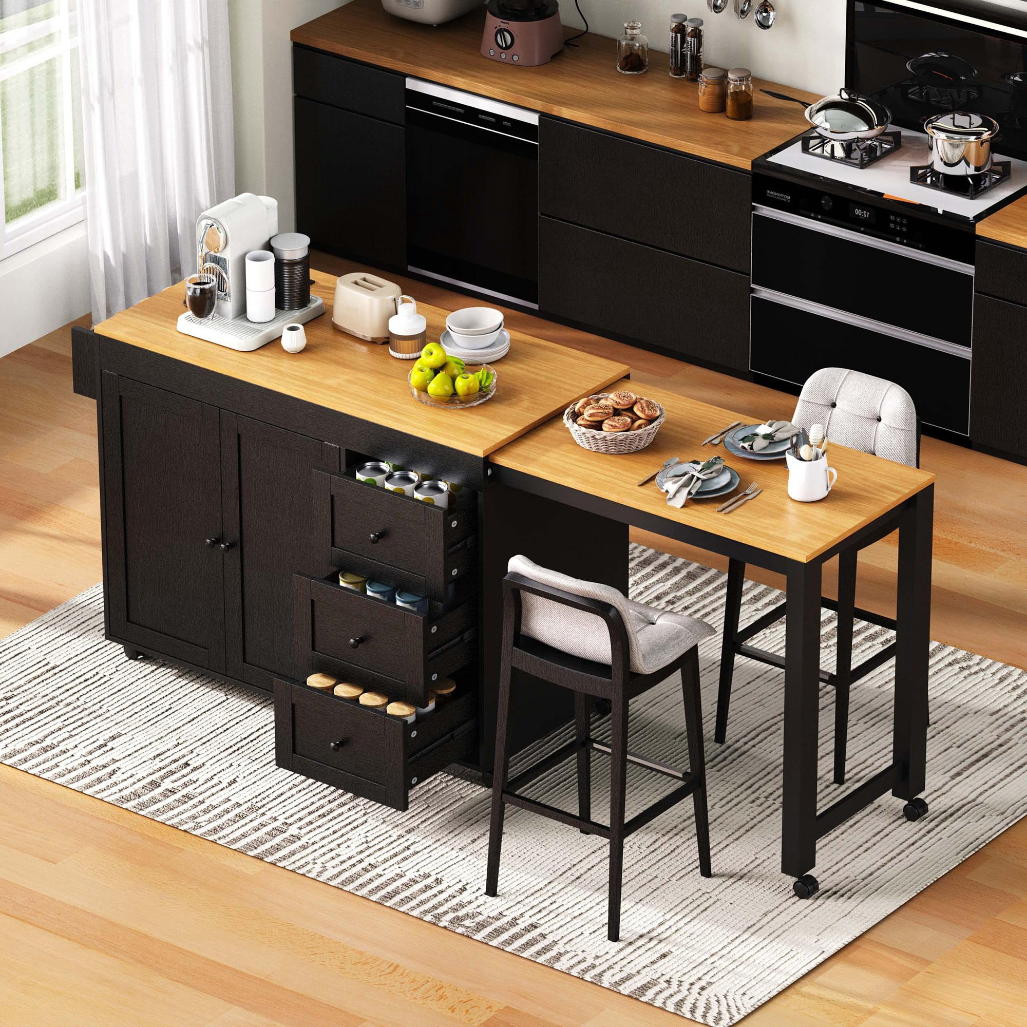74.8-Inch Kitchen Island with Extendable Dining Table and Power Outlet, Rolling Kitchen Cart with 3 Drawers and Spice Rack for Kitchen, Black