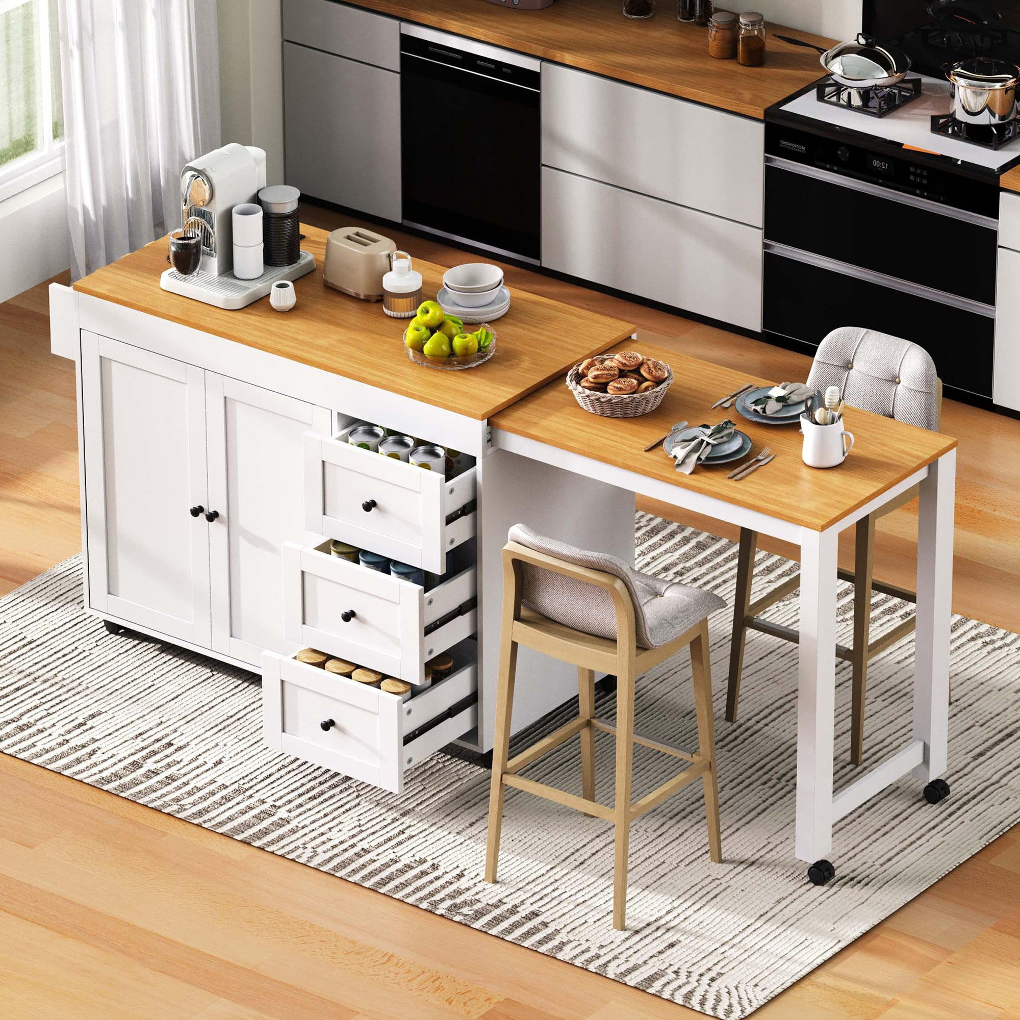 74.8-Inch Kitchen Island with Extendable Dining Table and Power Outlet, Rolling Kitchen Cart with 3 Drawers and Spice Rack for Kitchen, White