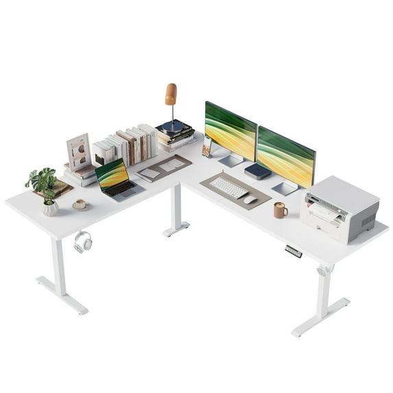 74.8 Inch L-Shaped Standing Desk, Large Electric Height Adjustable Ergonomic Home Office Computer Desk with 3 Memory Buttons and Cable Management, Corner Desk for Home & Office Workstations, White