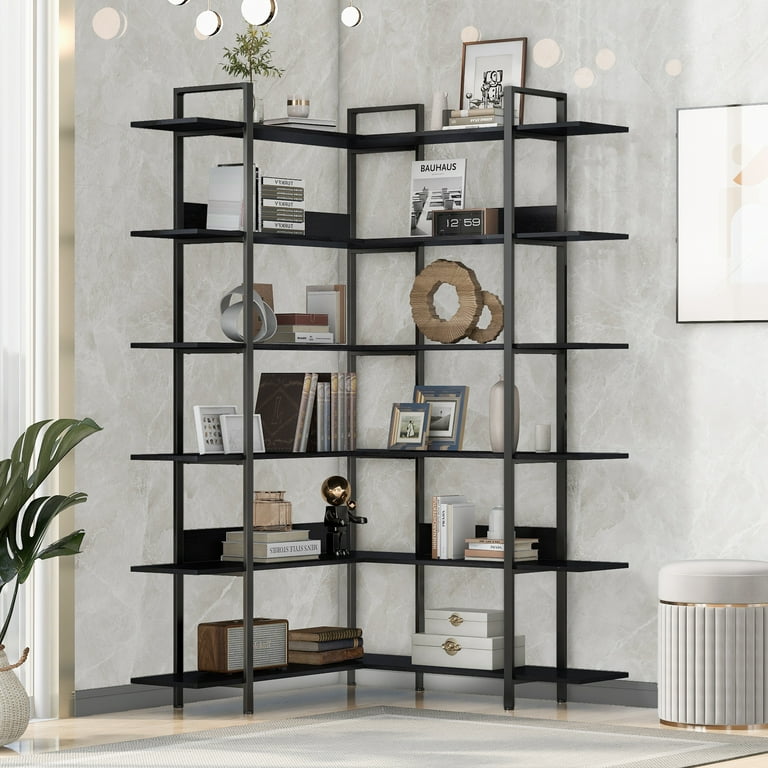 Modern Black Cube Bookcase with Metal 4-Tier Bookshelf Tower Display Tall  Shelf