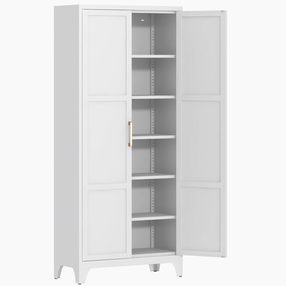 74.8 Inch Tall White Freestanding Storage Cabinet, Large Capacity 2-Door Metal Pantry Cupboard with Adjustable Shelves, Multipurpose Organizer for Living Room, Kitchen & Bedroom