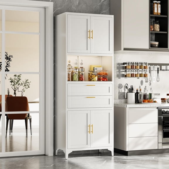 74.8-Inch White Metal Pantry Cabinet with 4 Doors, 2 Drawers, Adjustable Shelves, and Cable Management