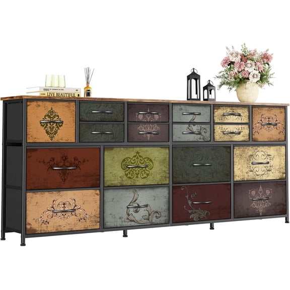 74.8-Inch Wide Pattern Fabric Dresser with 18 Deep Drawers, Wood-Top TV Stand for 65-80 Inch TVs, Large Storage Organizer Cabinet for Bedroom