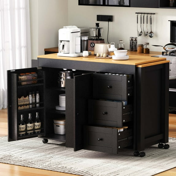 74.8" Kitchen Island with Extendable Dining Table, Kitchen Storage Cart with 3 Drawers, Power Outlet, Rolling Kitchen Island on Wheels with Spice Rack and 2 Door Cabinet, for Kitchen, Black