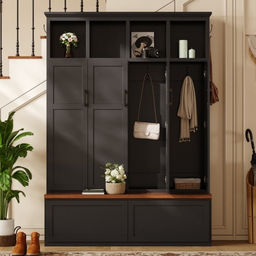 74.8" Modern Farmhouse Hall Tree with 4 Hidden Cabinets, 6 Hooks, Storage Drawers and Bench, Entryway Coat Rack Organizer, Black