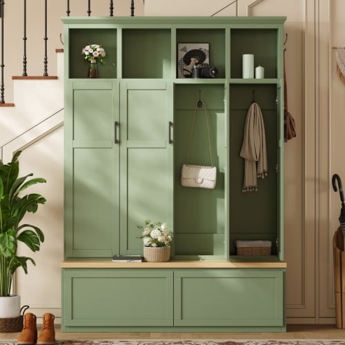 74.8" Modern Farmhouse Hall Tree with 4 Hidden Cabinets, 6 Hooks, Storage Drawers and Bench, Entryway Coat Rack Organizer, Green