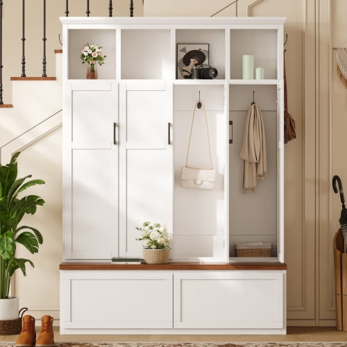 74.8" Modern Farmhouse Hall Tree with 4 Hidden Cabinets, 6 Hooks, Storage Drawers and Bench, Entryway Coat Rack Organizer, White