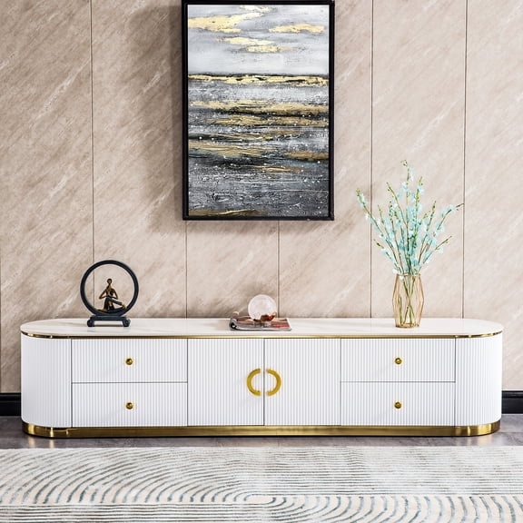 74.8" Modern TV Stand, Luxury TV Console with Cabinet Storage and 4 Drawers, White Sintered Stone Tabletop and Gold Handle, Media Console Television Tabl for Living Room