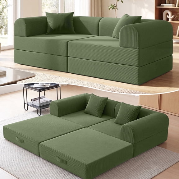 74.8’’ Modular Convertible Sofa Bed, Fold-Out Floor Couch Loveseat, All-Foam Futon Mattress Couch,No Assembly Required, Green