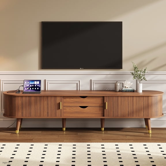 74.8" Oval Fluted TV Stand with Charging Station, Sliding Tambour Door Media Console for TVs up to 80", Mid-Century Farmhouse TV Cabinet