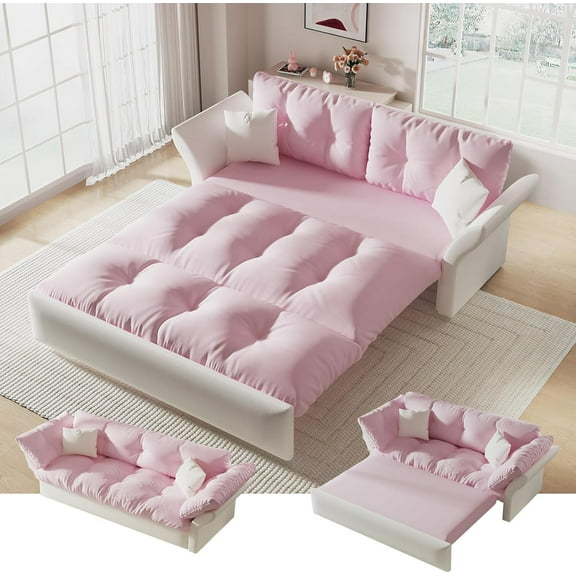74.8'' Pull Out Sofa Bed Queen, Convertible Sleeper Sofa Couch, Velvet Loveseat Recliner, Comfy Cloud Futon Couch for Living Room, Apartment, Small Space, Bedroom, RV, Pink