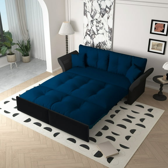 74.8" Queen Pull Out Sofa Bed, 3-in-1 Convertible Sleeper Tufted Sofa with 2 Soft Pillows,Multi-Functional Velvet Loveseat Bed,Blue(Old Sku:W1885S00083/W1885S00130)