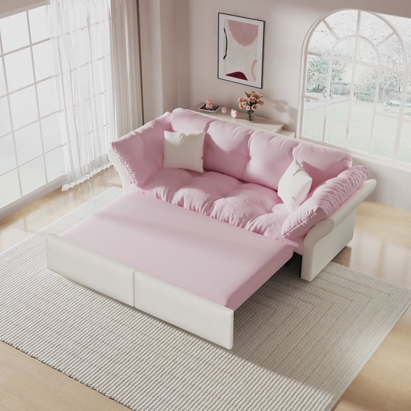 74.8" Queen Pull Out Sofa Bed - Pink Velvet 3-in-1 Convertible Sleeper Loveseat, Tufted Design, Includes 2 Pillows, Perfect for Living Room & Guest Room