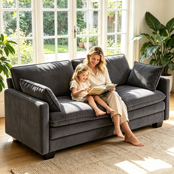 Loveseat Sofa, Lofka 74.8" Cloud Couch for Living Room with Deep Seat, Corduroy for Small Space, Dark Gray